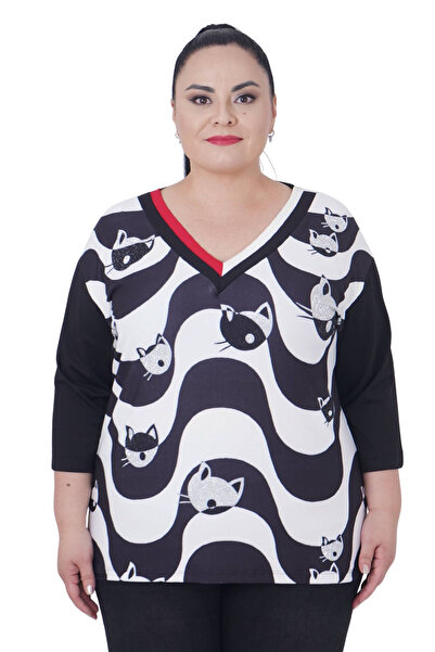 lavelina بلوزة كبيرة الحجم بنقشة قطة وياقة على شكل حرف V وأكمام كابري