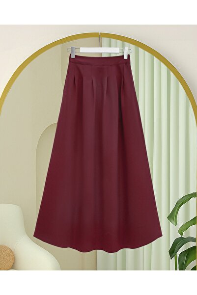 Modamorfo Pleated Crepe Skirt with Zipper Pocket - Burgundy