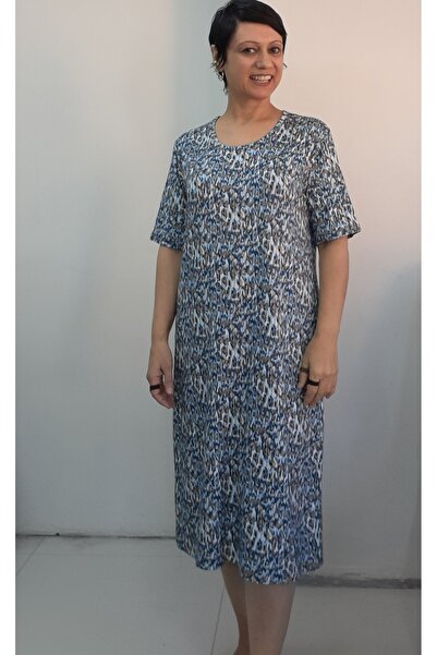 Mertcan Butik Φόρεμα με κοντό μανίκι από βαμβακερή βισκόζη με στάμπα μπλε λάτε με στρογγυλή λαιμόκοψη