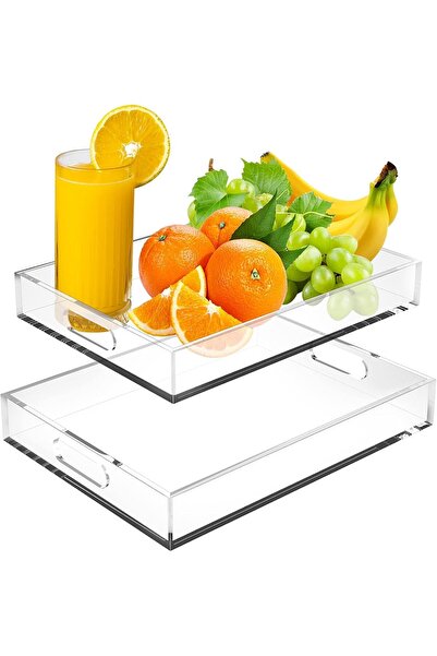 Slasa طقم صواني تقديم أكريليك شفاف من قطعتين - صواني فاخرة غير قابلة للانزلاق...