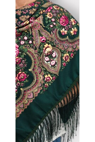 OMS Eșarfă verde cu franjuri 107×107 cm