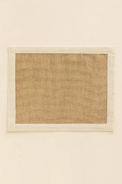 Trouvaille Hasır Jüt Amerikan Servis | Krem Kumaş Kenarlı Dikdörtgen Bohem Supla