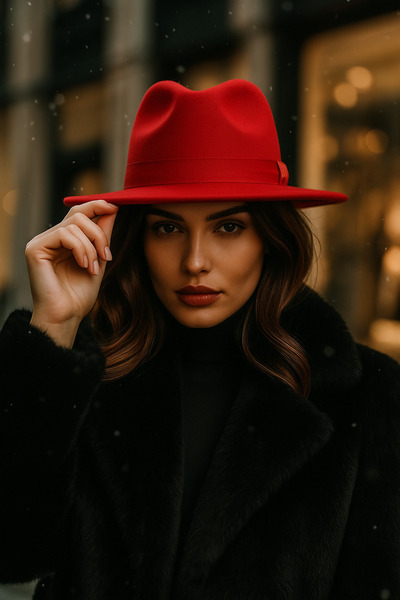 Adorisse Kırmızı Panama Fötr Şapka - Zarif Metalik Aksesuarlı, Geniş Kenarlı Şık Tasarım Spk1145