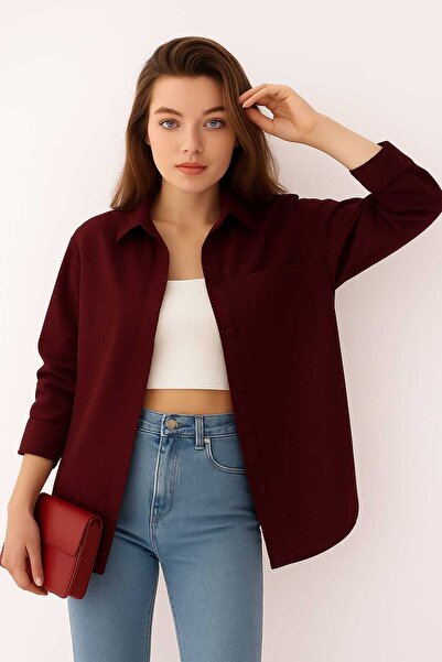 Aura Beautty Kadın Oversize Klasik Yaka Basic Bordo Gömlek 1005