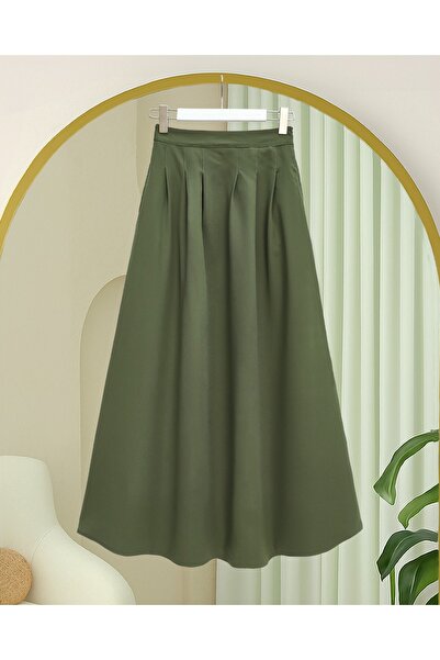 Modamorfo Pleated Crepe Skirt with Zipper Pocket - Khaki