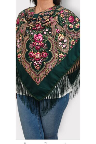 OMS Eșarfă verde cu franjuri 107×107 cm