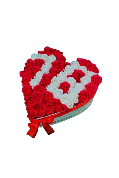 OEM Aranjament floral 18 inima cu 49 trandafiri parfumati de sapun rosii si albi