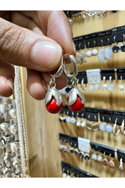 hayaltasari Doğal Mercan Taşlı Top Model Gümüş Küpe 925 Ayar