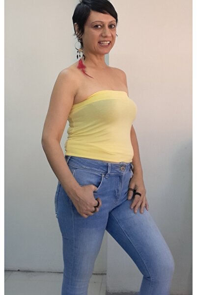 Mertcan Butik Κίτρινο μακρύ μπλουζάκι μπαντί με στράπλες