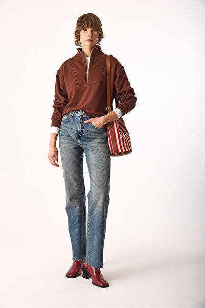 VENA Μπλουζάκι Marina με μισό φερμουάρ από βαμβάκι-Καφέ