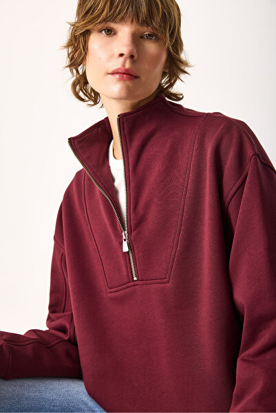 VENA Μπλουζάκι Marina με μισό φερμουάρ από βαμβάκι-μπορντό