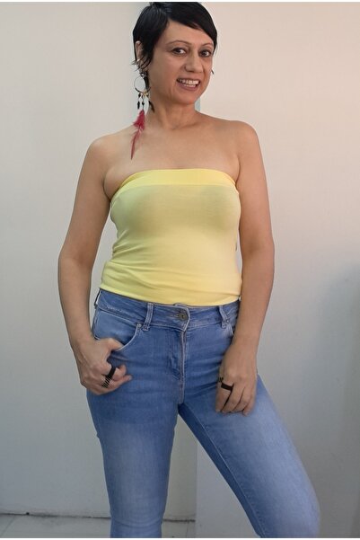 Mertcan Butik Κίτρινο μακρύ μπλουζάκι μπαντί με στράπλες