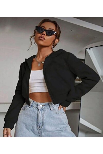 LOUİSA Cardigan crop cu glugă și fermoar, 2 piese, albastru-bebe-negru, pentru femei, cu 2 fire