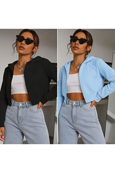 LOUİSA Women's Baby Blue-Black 2-Piece Hooded Zippered Crop Cardigan 2 Thread Raised Stitch