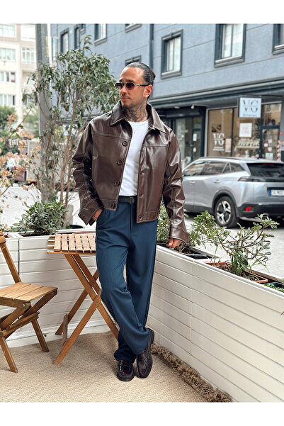 manch collection Ρετρό Δερμάτινο Μπουφάν Καφέ