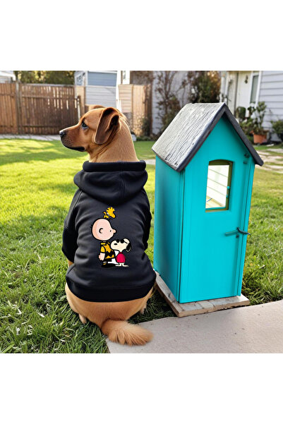 petite pati سويت شيرت أسود مطبوع عليه كلب |   ملابس شتوية للكلاب مع قلنسوة، ق...
