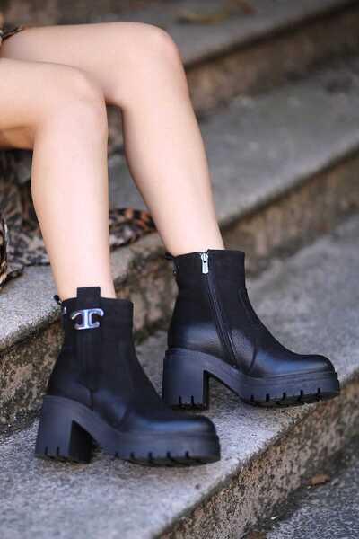 Venüs 1311 Hakiki Deri Tırtıklı Kaymaz Kauçuk Taban Kalın Topuklu Bot