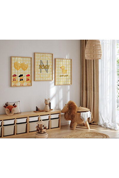 POSTER (ÇERÇEVESİZ) Civcivli sarı kişiselleştirilebilir bebek/çocuk odası 3lü seti