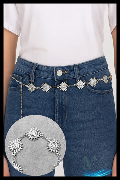 MAZEN Curea de talie cu lanț pentru femei, de culoare argintie, cu figurină solară |   Accesoriu pentru ziua de zi și pentru ocazii speciale