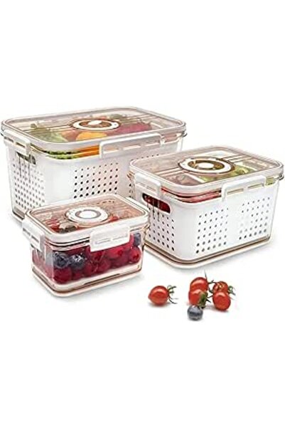 Generic GoodsTJ 3 Piece Food Storage Container Fridge Organizer Box Bins Set with Lids, Drain Basket and Div