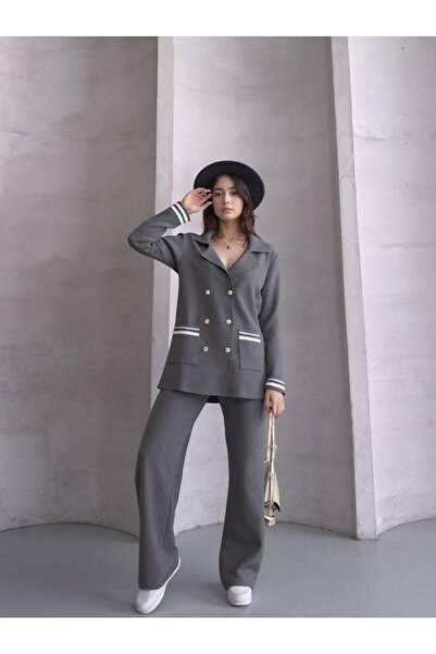 FRİYA Women's blazer collar double breasted closure knitwear set