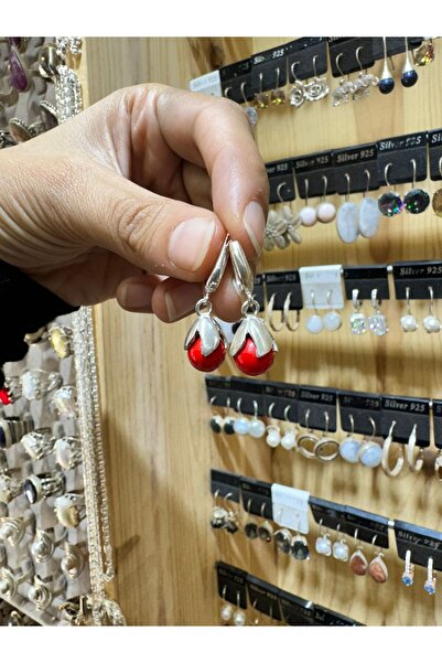 hayaltasari Doğal Mercan Taşlı Top Model Gümüş Küpe 925 Ayar