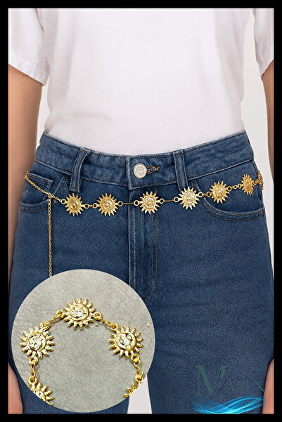 MAZEN Curea de talie cu lanț pentru femei de culoare aurie cu figurină solară |   Accesoriu pentru ziua de zi și pentru ocazii speciale