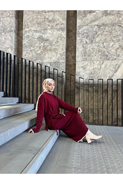 DEHA textile طقم تريكو مكون من قطعتين باللون العنابي مع تفاصيل ربط جانبية، فستان سيفيتيري قياسي بطول 135 سم