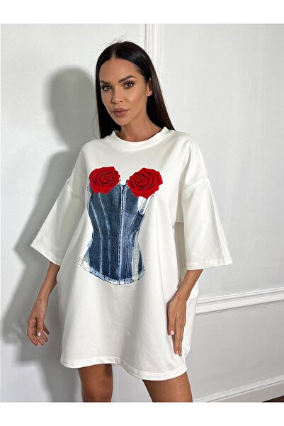 CC STORE Tricou tip rochie oversized ROSE, cu trandafiri imprimați artistic