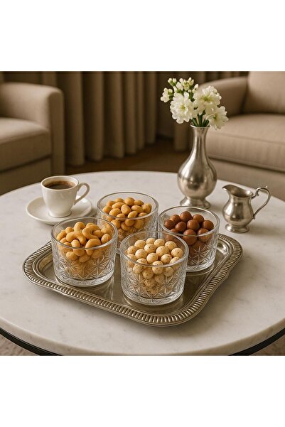 Noah Exclusive 5-Piece Round Snack Dish Set with Tray - Glass-Silver Color Tray