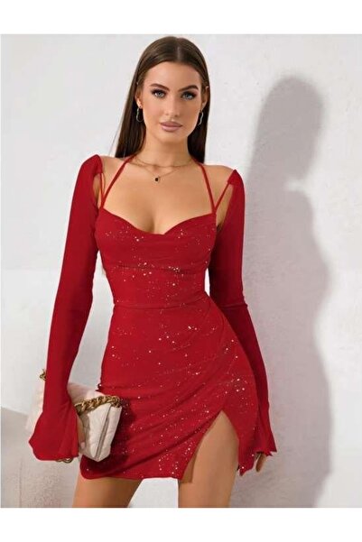 Beruflic Kırmızı Yırtmaç Detay Simli Fantezi Mini Club Elbisesi