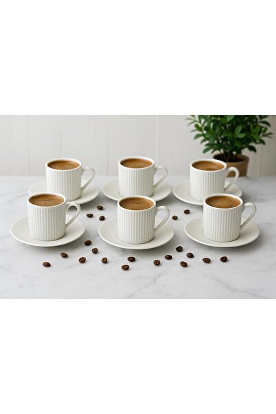 Noah Exclusive 6 Piece Coffee Cup Set -70 ml Modern White Porcelain-Stripe