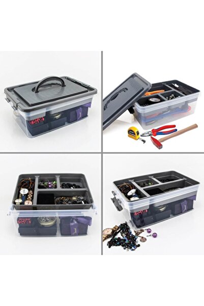 SHOPIENS Transparent organizer box with gray lid and removable shelf, Shopiens®, 31x21x11.8 cm