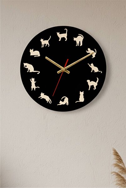 AHŞAP HEDİYENİZ Kedi Figürlü Dekoratif Duvar Saati 40cm