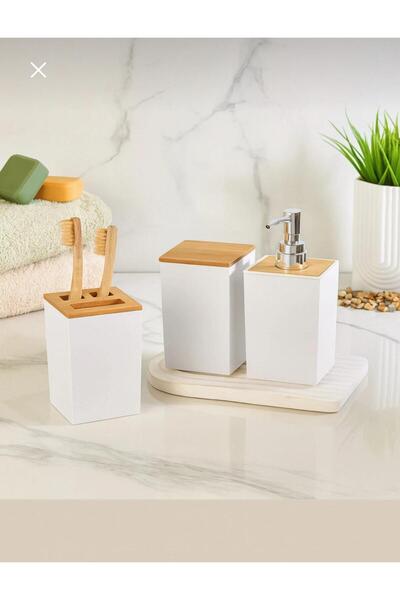 MEYA PİNE Σετ μπάνιου από μπαμπού 3 τεμαχίων – Δοχείο σαπουνιού, θήκη οδοντόβουρτσας και δοχείο υγρού σαπουνιού