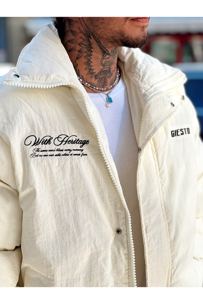 manch collection Oversize Göğüs Ve Sırt Nakışlı Şişme Mont Ekru