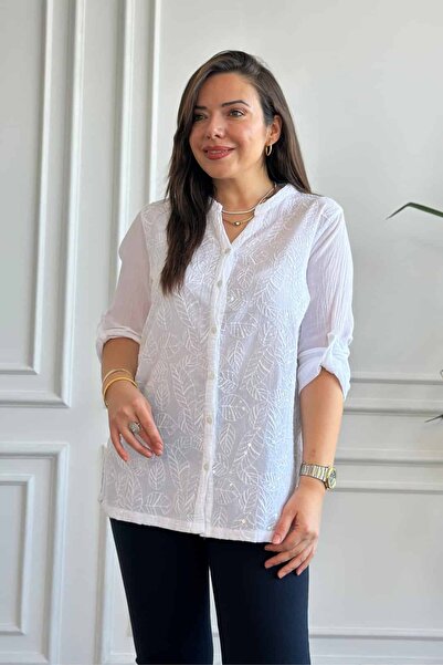 Yağmur Butik Önü Pul İşlemeli Pamuk Gömlek