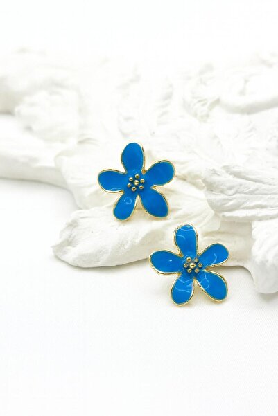 Kumsal Allure Blue Flower Earrings-Gold Framed Shiny