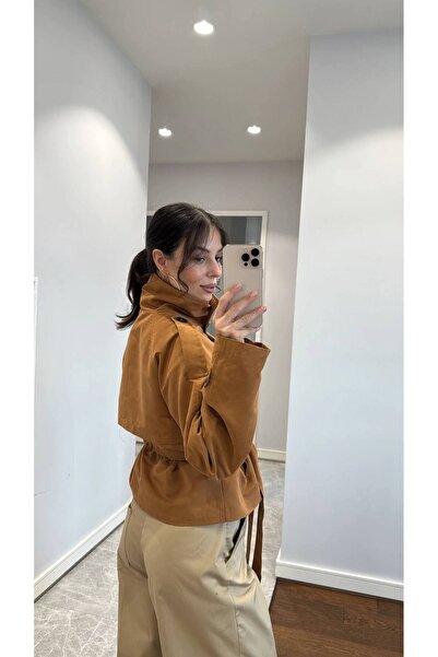 Marjinal Kadın Dik Yaka KuŞaklı Düğme Detaylı Trençkot