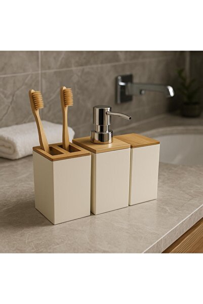 MEYA PİNE Σετ μπάνιου από μπαμπού 3 τεμαχίων – Δοχείο σαπουνιού, θήκη οδοντόβουρτσας και δοχείο υγρού σαπουνιού