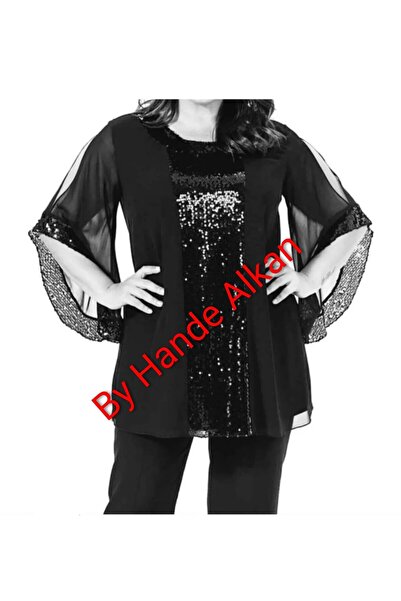 By Hande Alkan Women's Black Sequin Combination Chiffon Blouse
