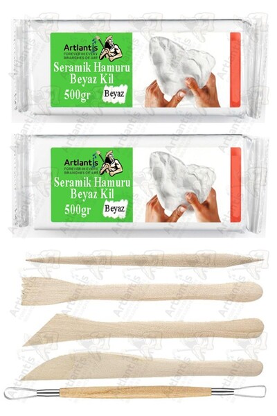 Artlantis Beyaz Seramik Hamuru 5 li Ahşap Ebeşuar Seti 1 Paket 2 Adet 500gr B...
