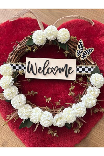 Marrone Καλωσόρισμα Στολίδι για την πόρτα Λευκό λουλουδάτο στεφάνι με καρό κορδέλα
