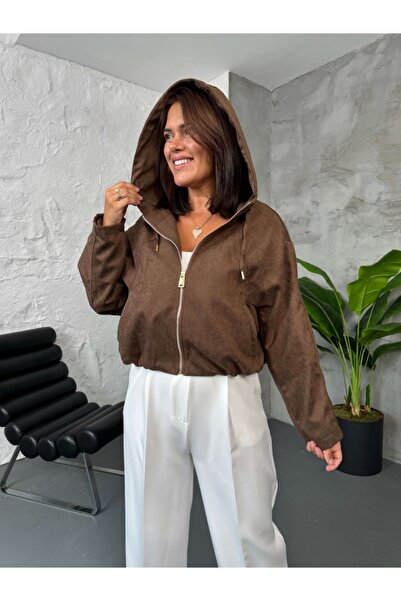 Elif Özbey Butik Brown Zr Model Hooded Suede Jacket