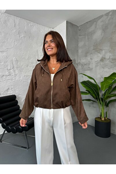 Elif Özbey Butik Καφέ μοντέλο Zr με κουκούλα σουέτ μπουφάν