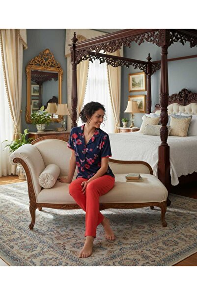 Kadın çiçekli kısa kol önden düğmeli pijama takımı