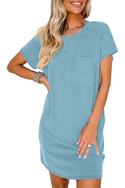 OEM Rochie casual de damă peste genunchi, mâneci scurte, buzunar la piept, mă...