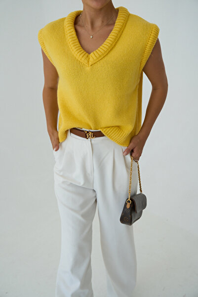 LOOSH Kadın Sarı V Yaka Fitilli Kenarlı Kolsuz Süveter