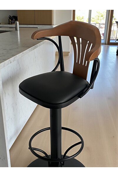 DENGEMA T168/75 Dönerli Bar Sandalyesi – Siyah Deri Oturum, İnegöl Ceviz Sırt 75 cm Yükseklik