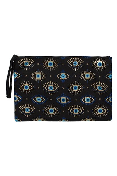SHOPIENS Καλοκαιρινή Τσάντα καλλυντικών, μαύρη με σχέδιο ματιών από χρυσό φύλ...